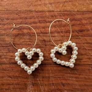 Pearl and Gold-Tone Heart-Shaped Dangle Earrings